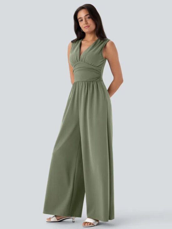 HALARA Pants - Halara V-Neck Sleeveless Ruched Pocket Jumpsuit Easy Peezy Green Small NWOT